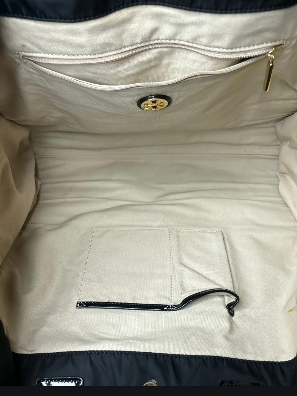 Tory Burch Ella Black Nylon Tote with Patent Logo Detail